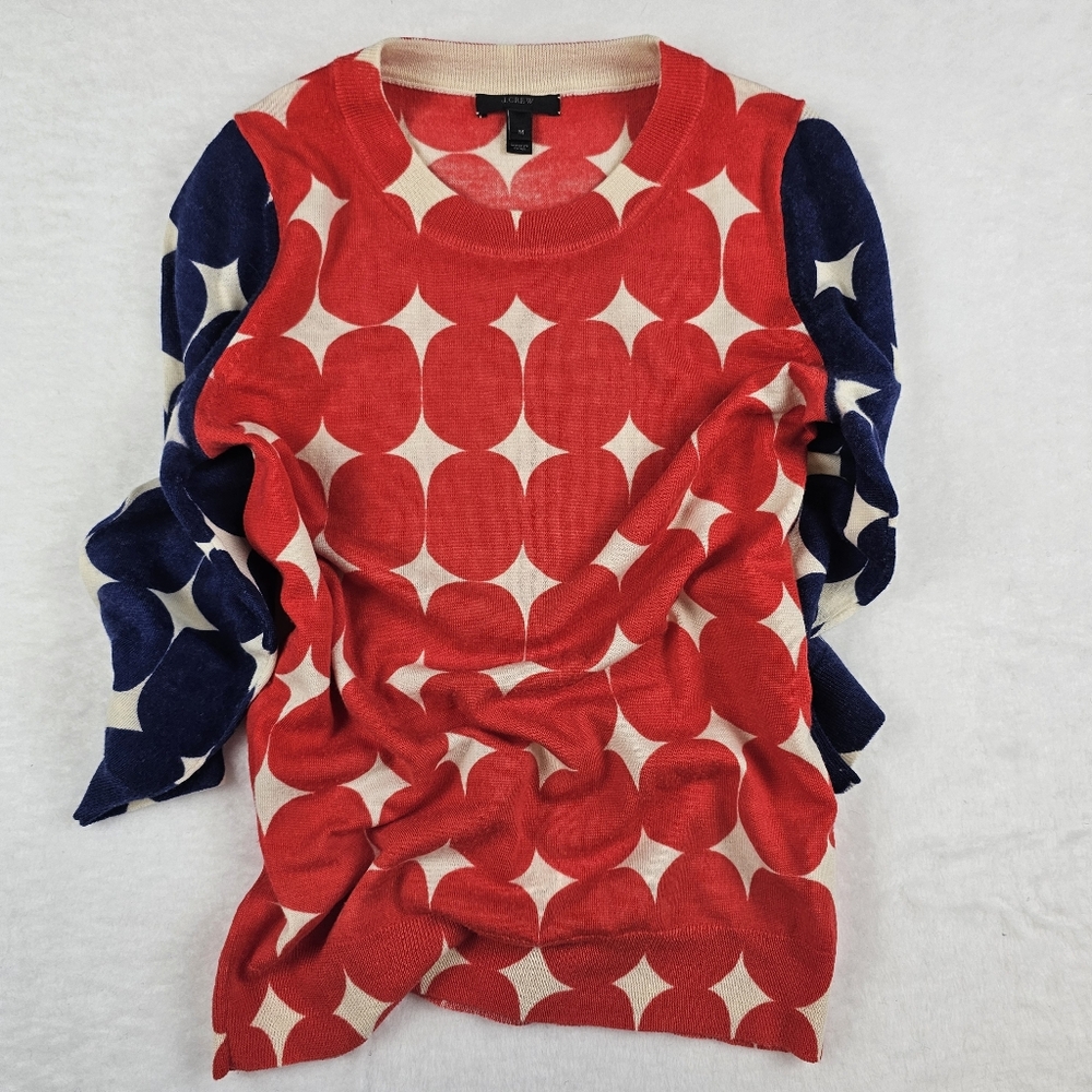 J.Crew Merino Wool Sweater‎ M Red White Blue 4th Celebration Work Office